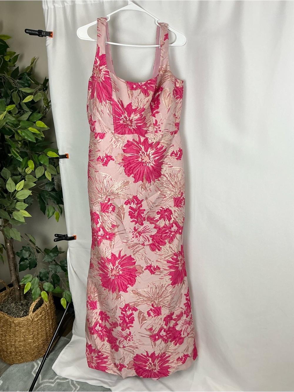 Dessy Collection Hibiscus Pink Floral Jacquard Maxi Dress - Picture 2 of 6